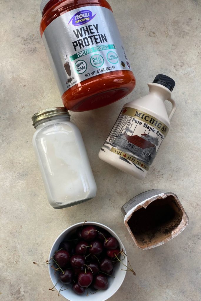 ingredients to make chocolate cherry ice cream.