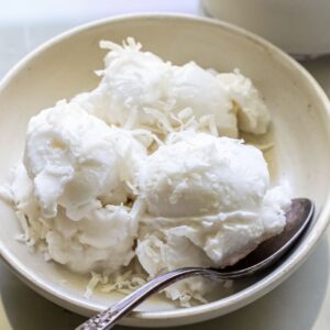 coconut ice cream in a bowl with a spoon.