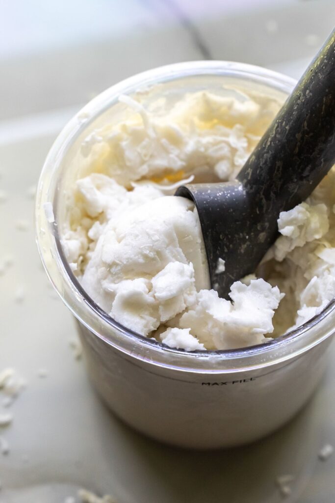 coconut ice cream in a pint with an ice cream scoop.
