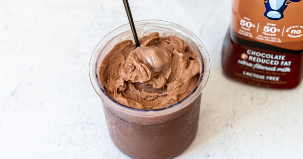Chocolate Fairlife milk ice cream with spoon
