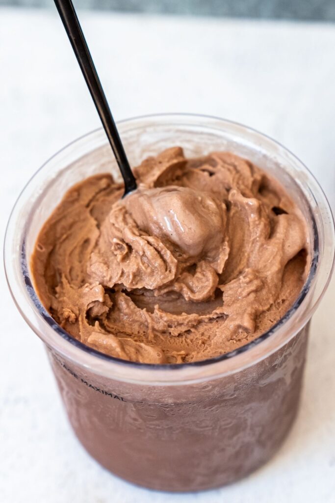 Chocolate Fairlife milk ice cream with spoon