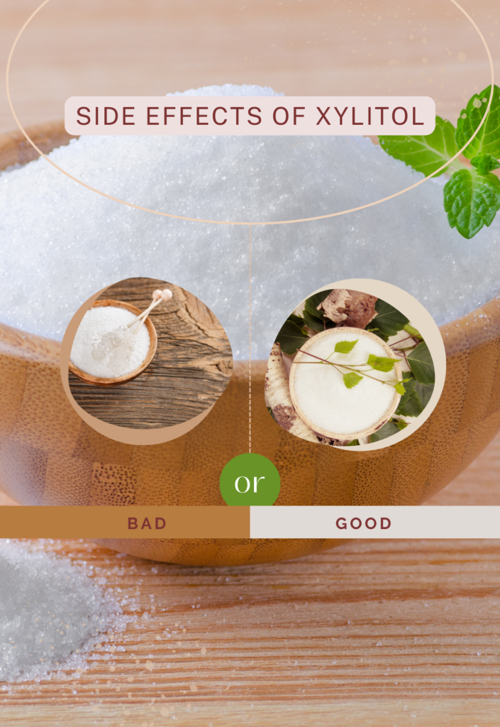 Illustration showing the side effects of xylitol, focusing on digestive problems and allergic responses in an engaging style.