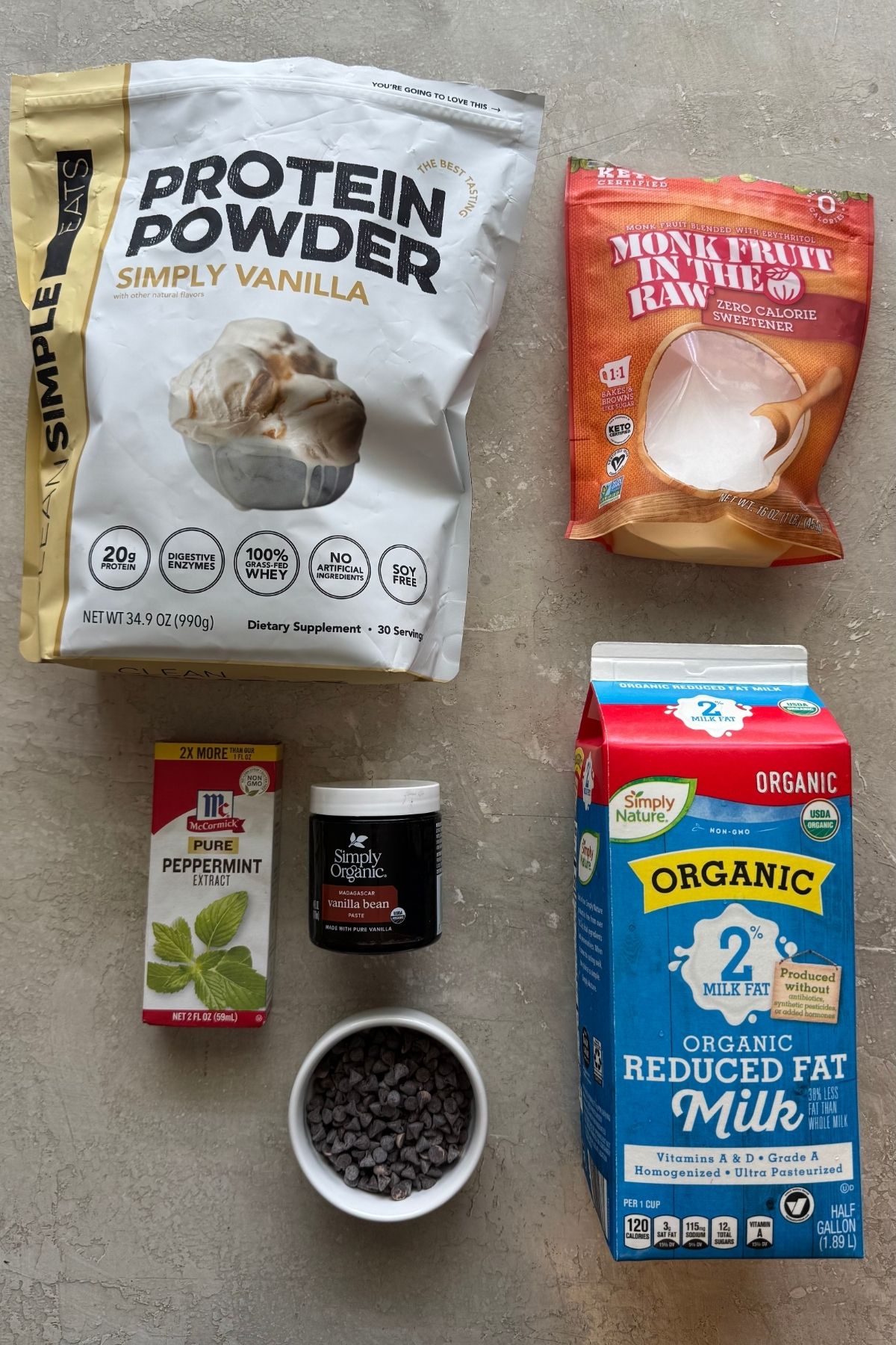 ingredients to make mint chocolate chip ice cream.